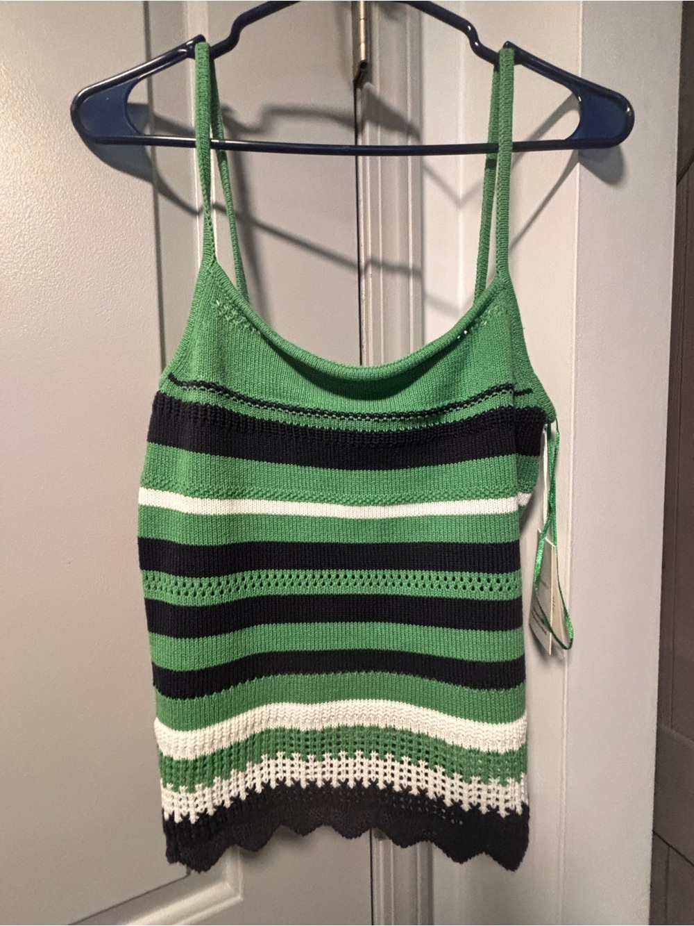 Green Black White Striped Knit Spaghetti Strap Tank Top